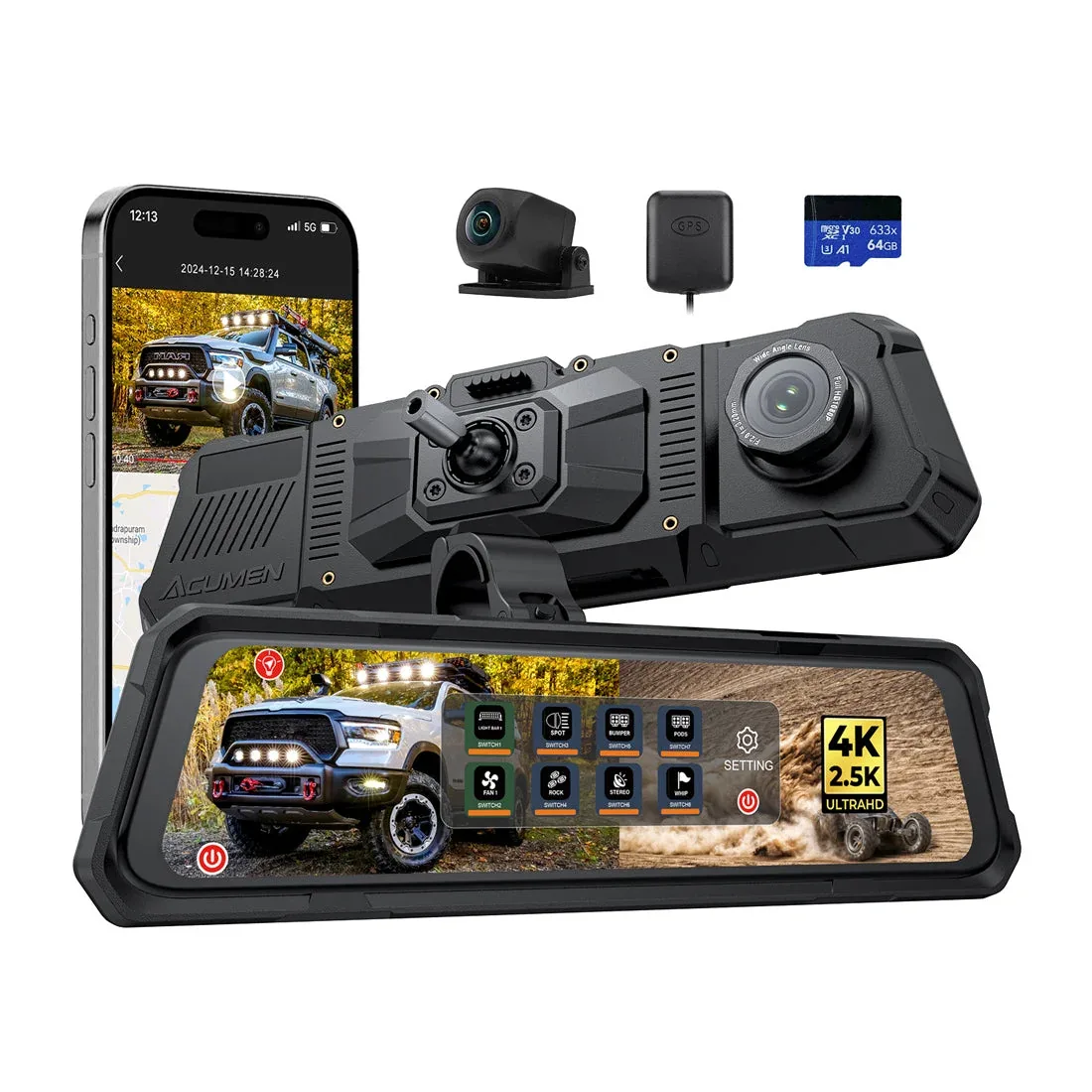 Acumen The Legend 2CH mirror dash cam shown front and back, with its rear camera, GPS antenna and memory card
