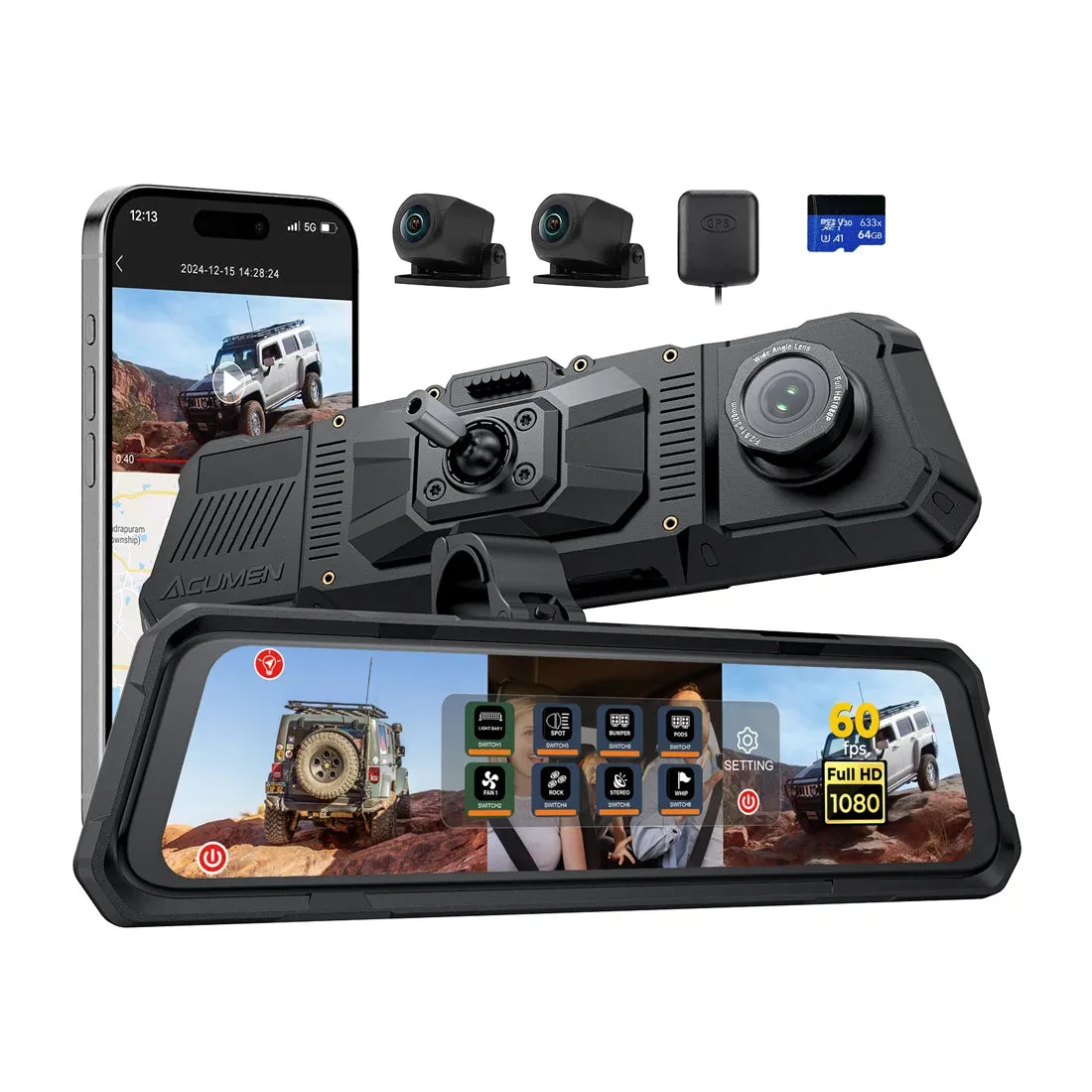 Acumen The Legend 3CH mirror dash cam with two rear cameras, GPS antenna and memory card
