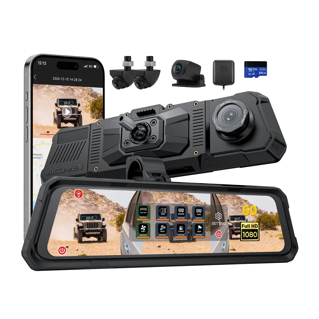 Acumen The Legend 4CH mirror dash cam with two side cameras, a rear camera, GPS antenna and memory card