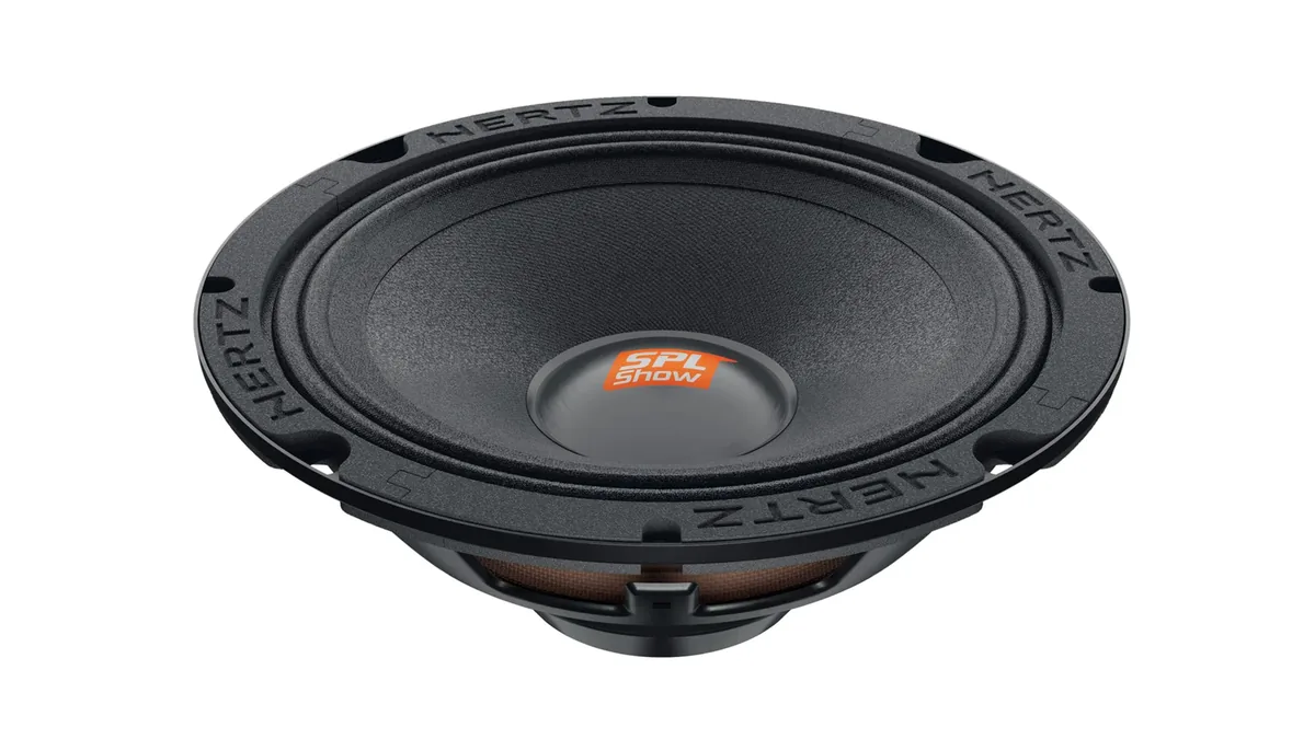 Hertz SV 165 NEO 6.5-inch midrange speaker with an orange SPL Show badge on the dust cap, seen from the front at an angle