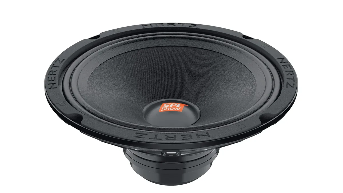 Hertz SV 200 NEO 8-inch midrange speaker with an orange SPL Show badge on the dust cap, seen from the front at an angle