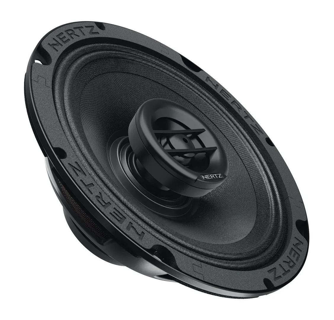 Hertz SX 165 NEO 6.5-inch coaxial speaker seen at an angle, with its center tweeter and Hertz lettering on the black rim