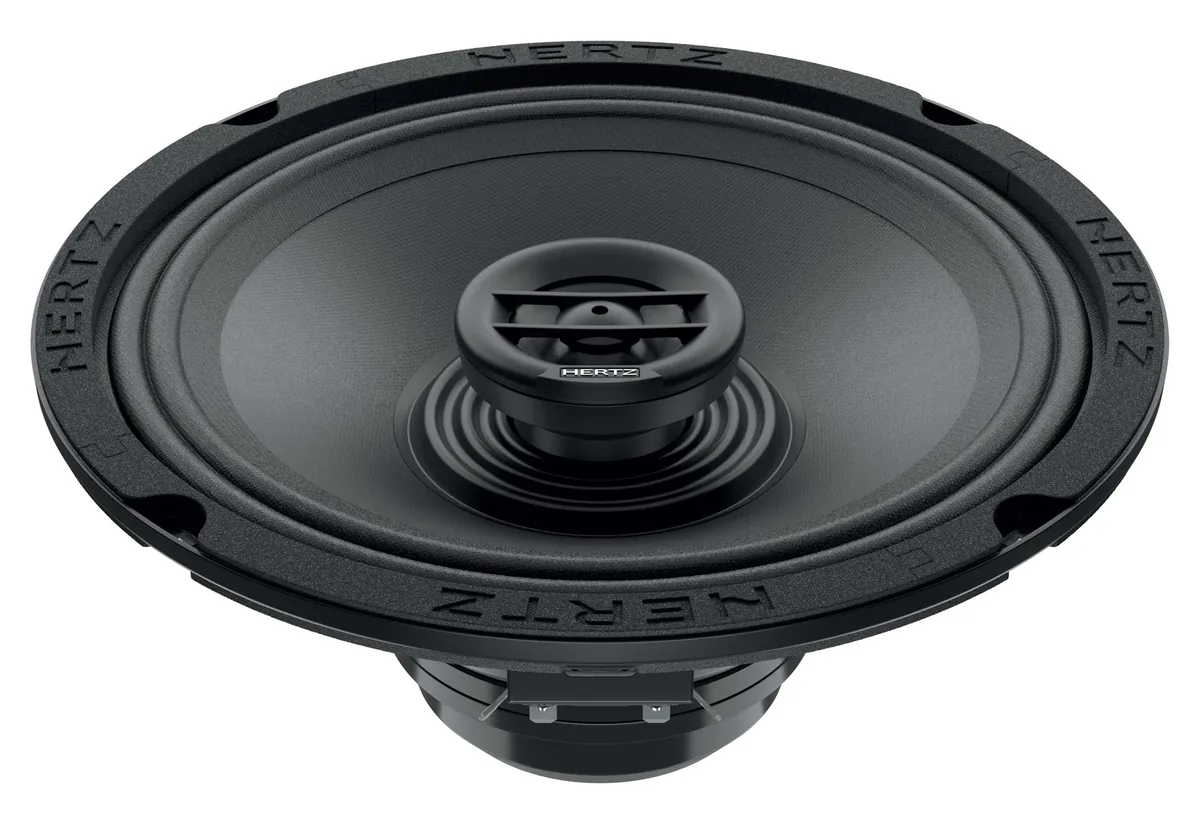 Hertz SX 200 NEO 8-inch coaxial speaker seen from the front at an angle, showing the center tweeter and rear terminals