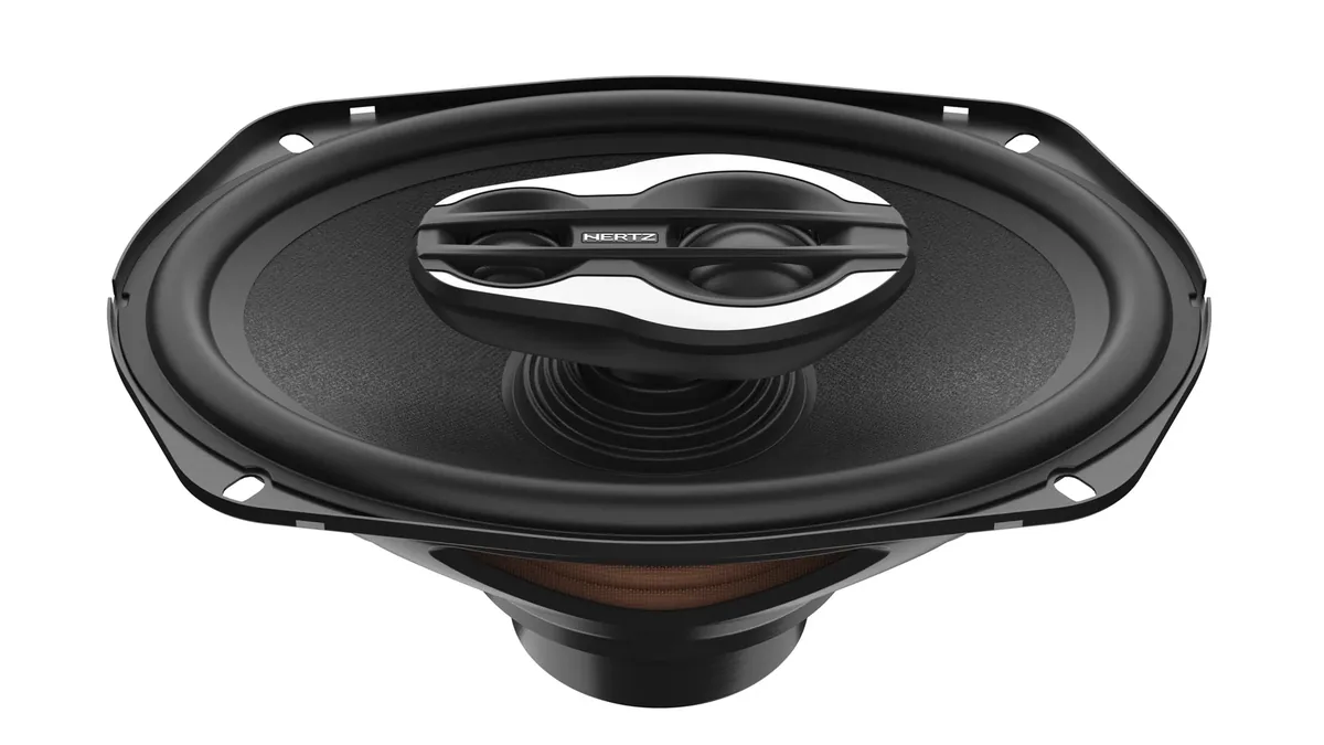 Hertz SX690H 6x9 coaxial speaker seen from the front at an angle, with a chrome tweeter pod over the woofer cone