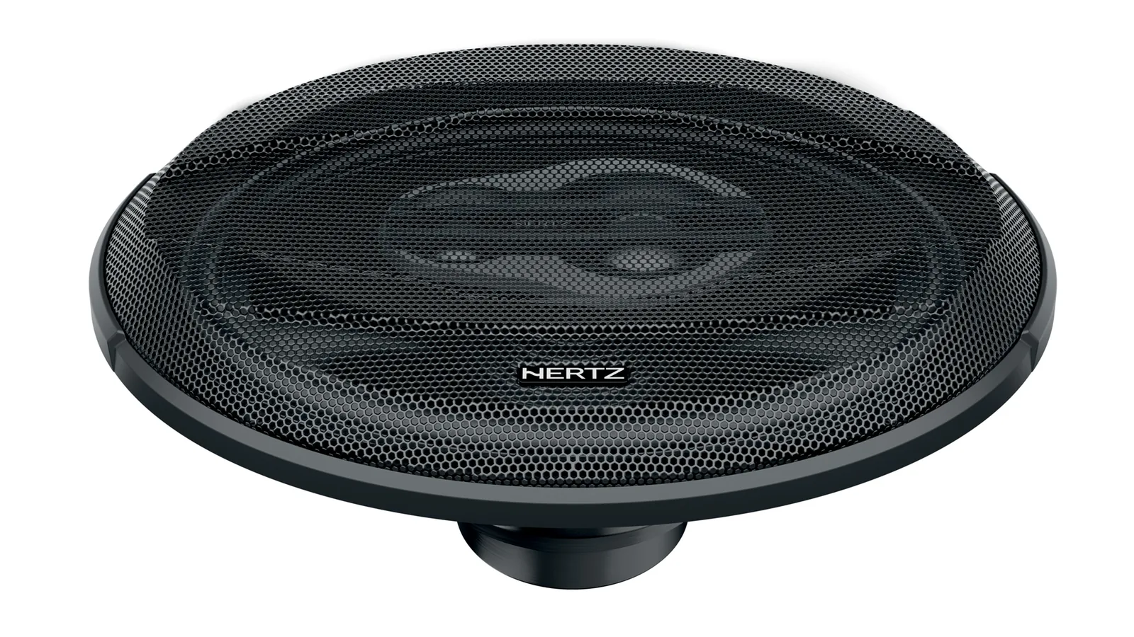 Hertz SX690H 6x9 coaxial speaker with its mesh grille fitted, seen at an angle