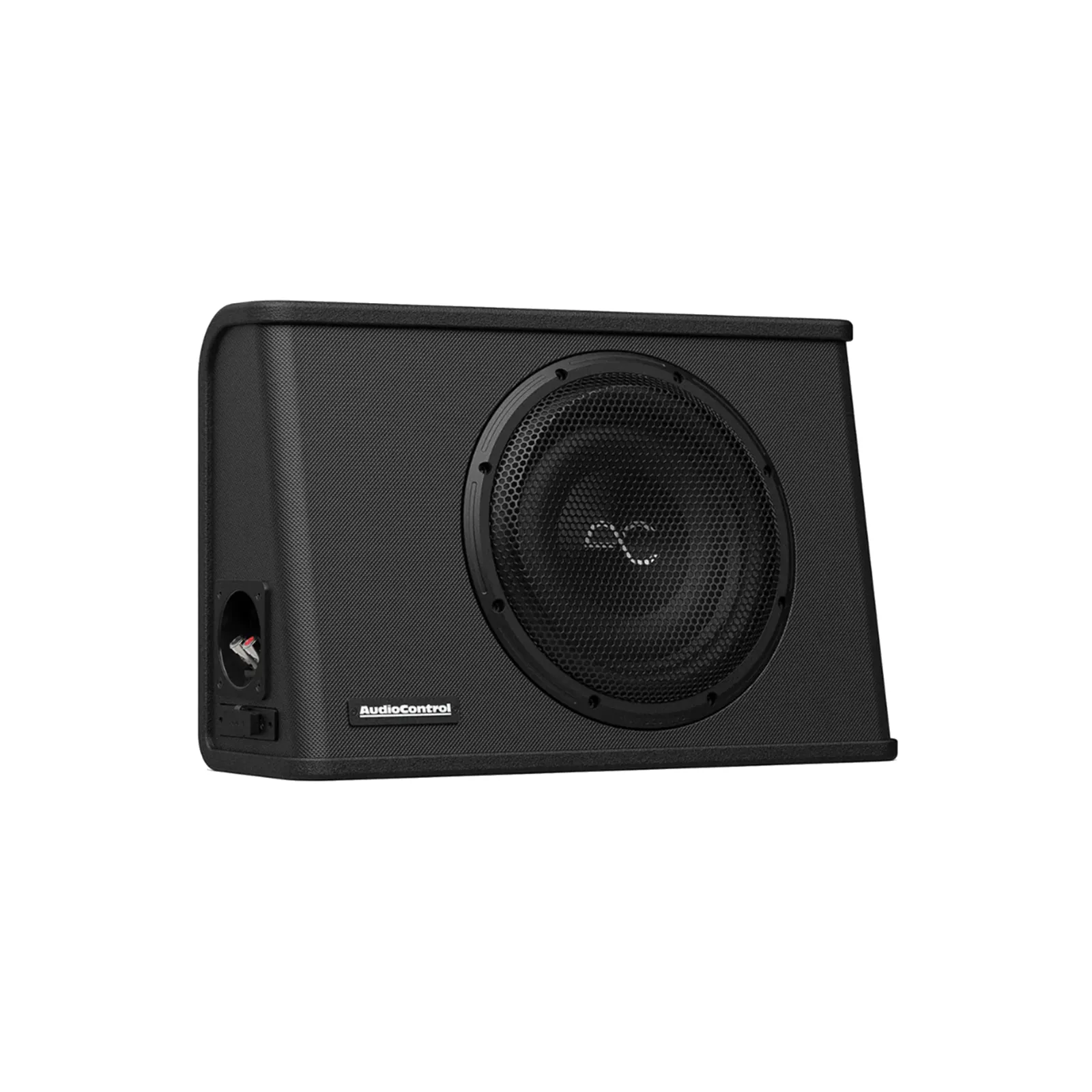 AudioControl Space Series sealed wedge subwoofer enclosure with a grille over the sub
