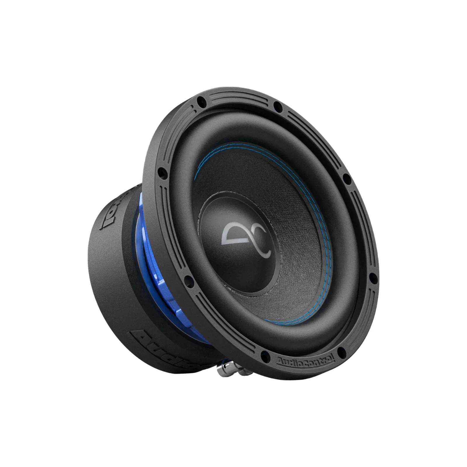 AudioControl Spike Series subwoofer with a black cone and blue basket, angled view