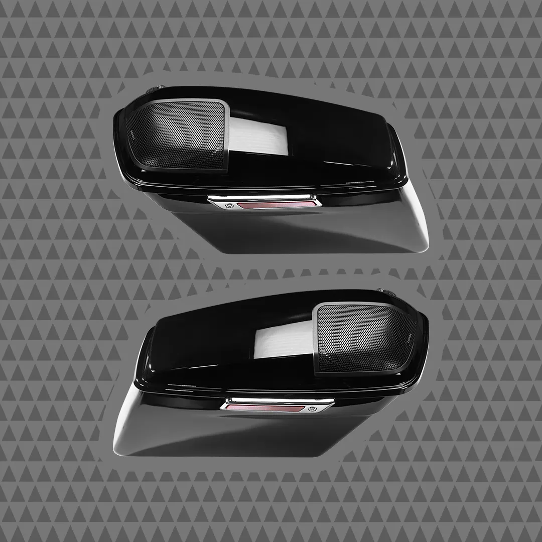 Pair of Cicada painted saddlebag lids with 6x9 speaker grilles from the extended saddlebag system