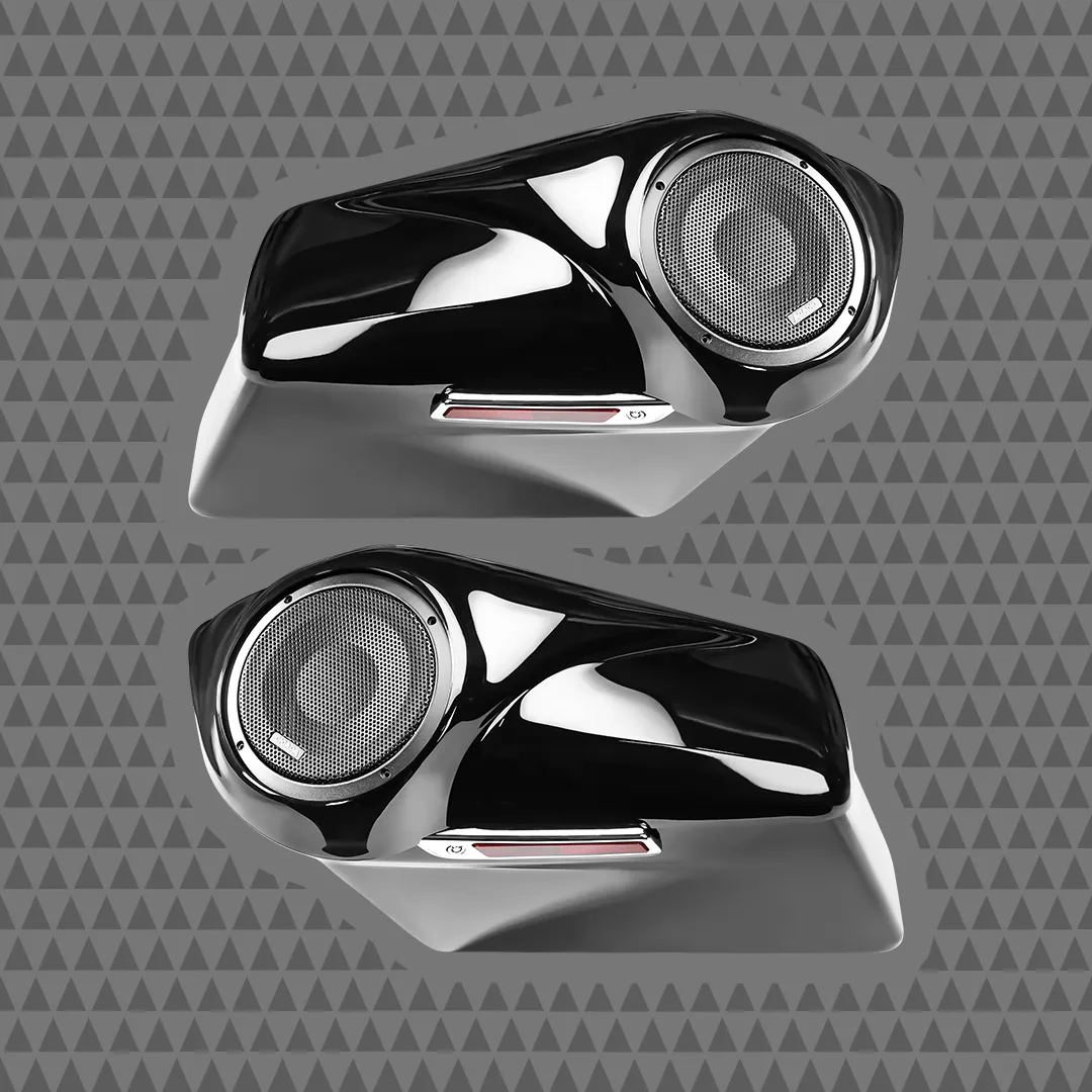 Pair of Cicada painted saddlebag lids with 8 inch speaker grilles from the extended saddlebag system