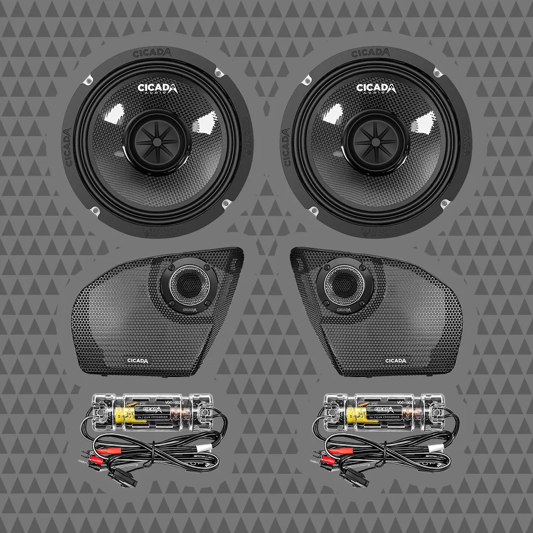 Cicada component kit for a 2024 and newer Road Glide: two mid-bass speakers, grilles with tweeters and crossovers