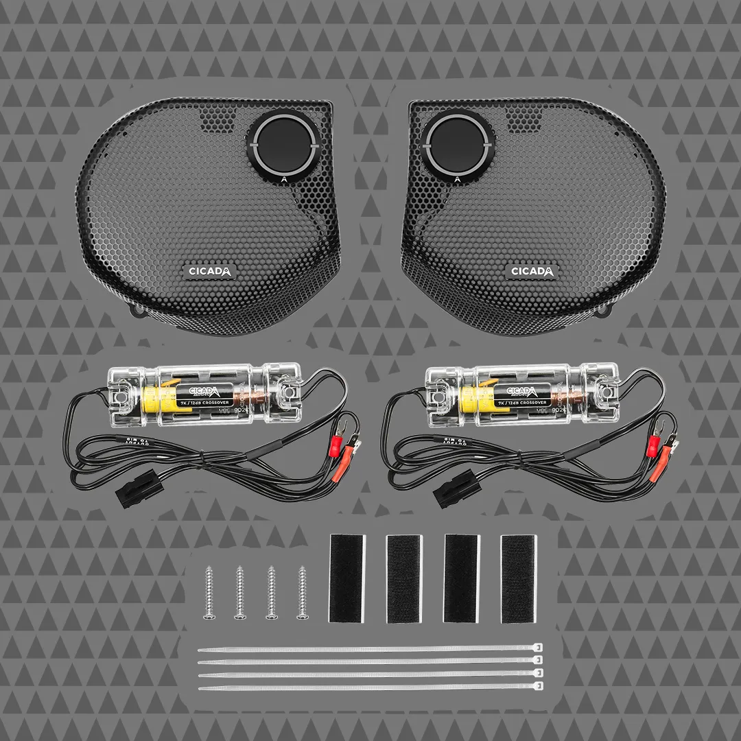 Cicada component kit for a 2024 and newer Street Glide: grilles with tweeters, crossovers and mounting hardware