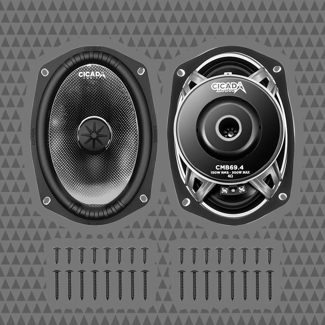 Cicada CMB69.4 6x9 mid-bass speakers with their screws, part of the Road Glide package
