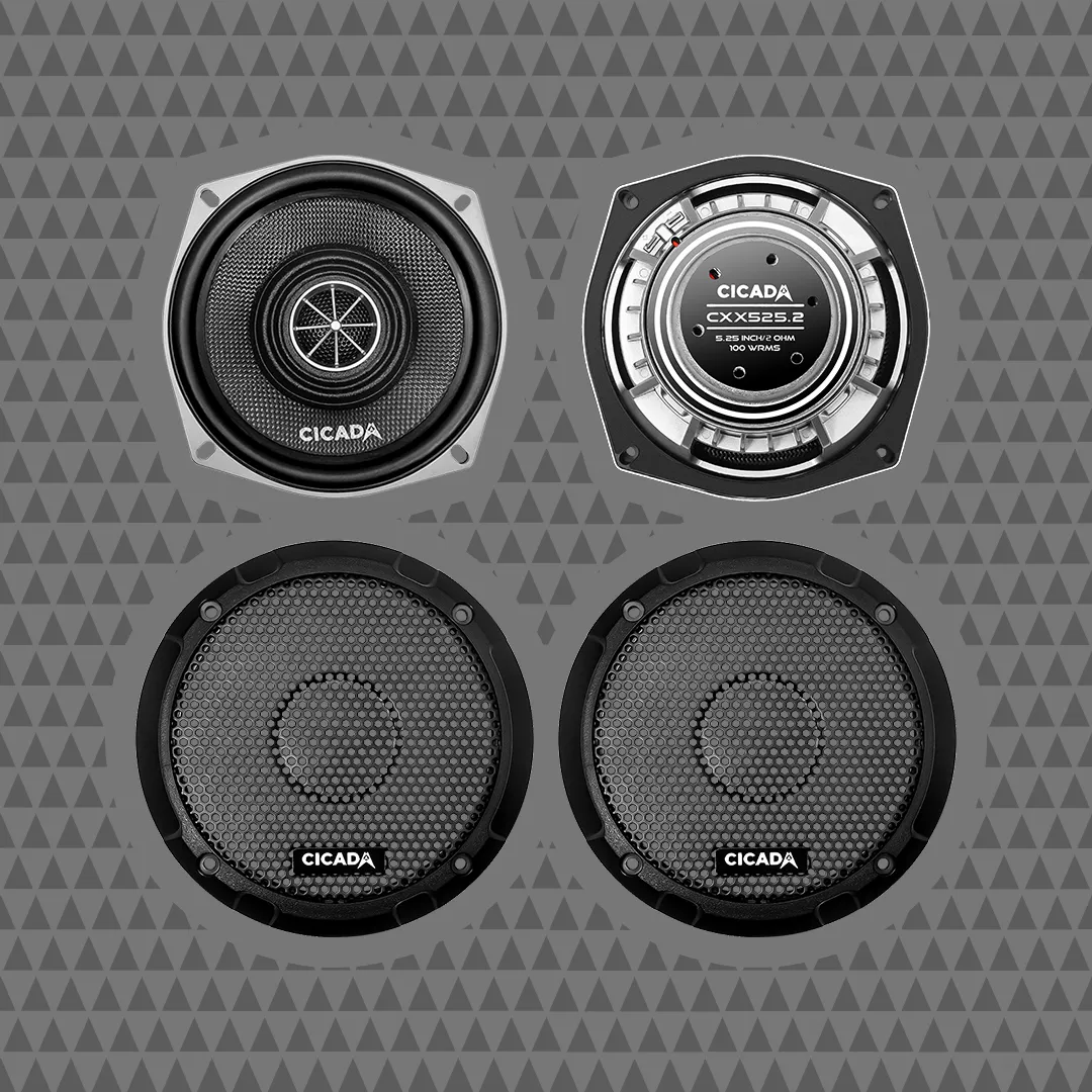 Cicada CXX525 5.25 inch coaxial speaker with its pair of grilles