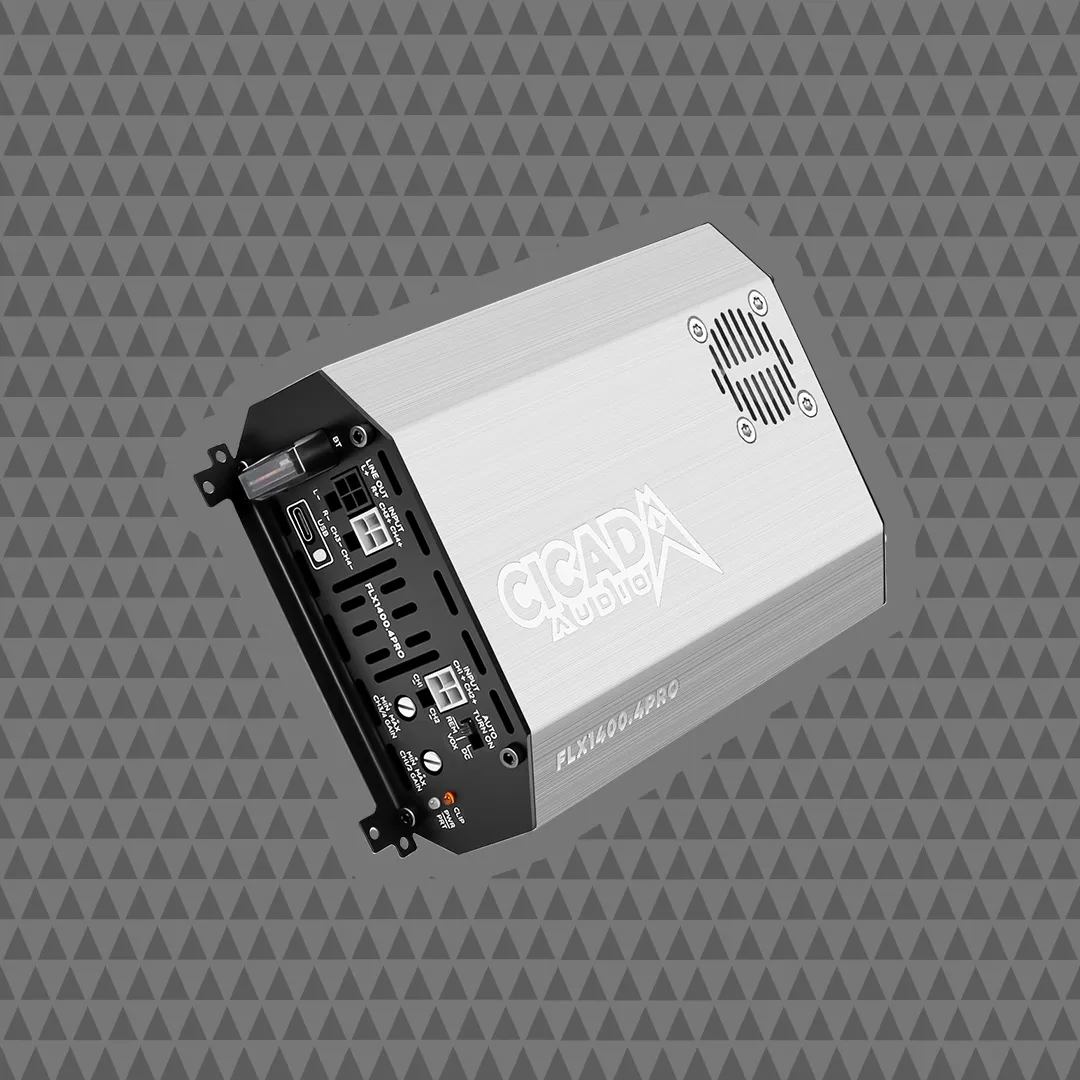 Cicada FLX1400.4PRO four channel amplifier showing its connection panel