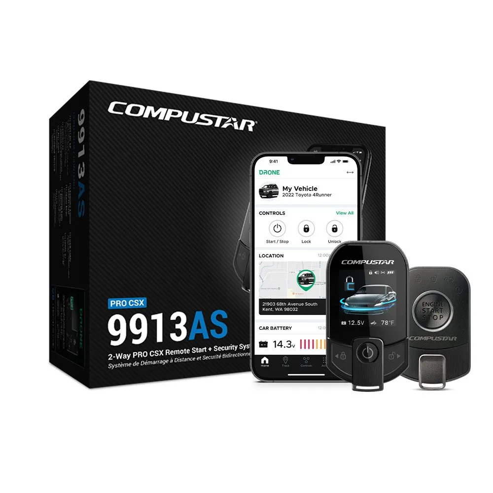 Compustar 9913AS box with the PRO T13 color remote, the R5 remote and the DroneMobile app on a phone