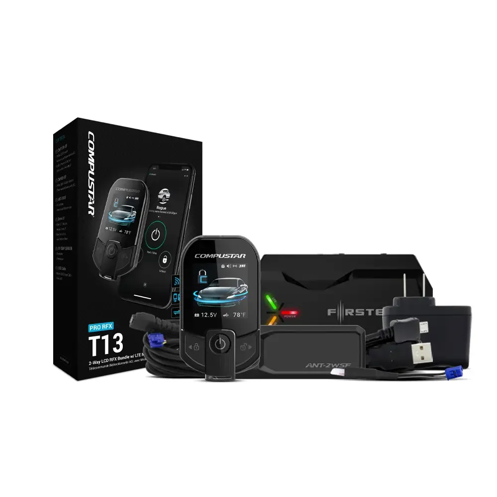 Compustar PRO RFX T13 two-way LCD remote bundle with LTE module, showing the retail box, remote, module, charger and cables