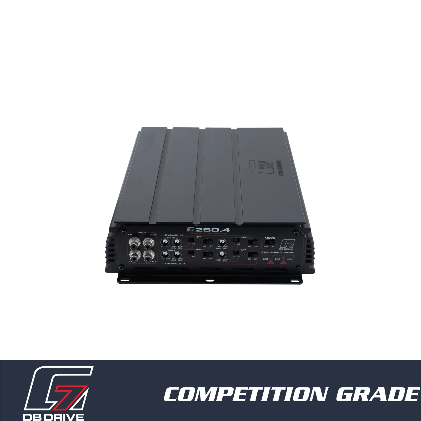 DB Drive G7 250.4 four-channel Class D amplifier, signal end with RCA inputs and crossover switches