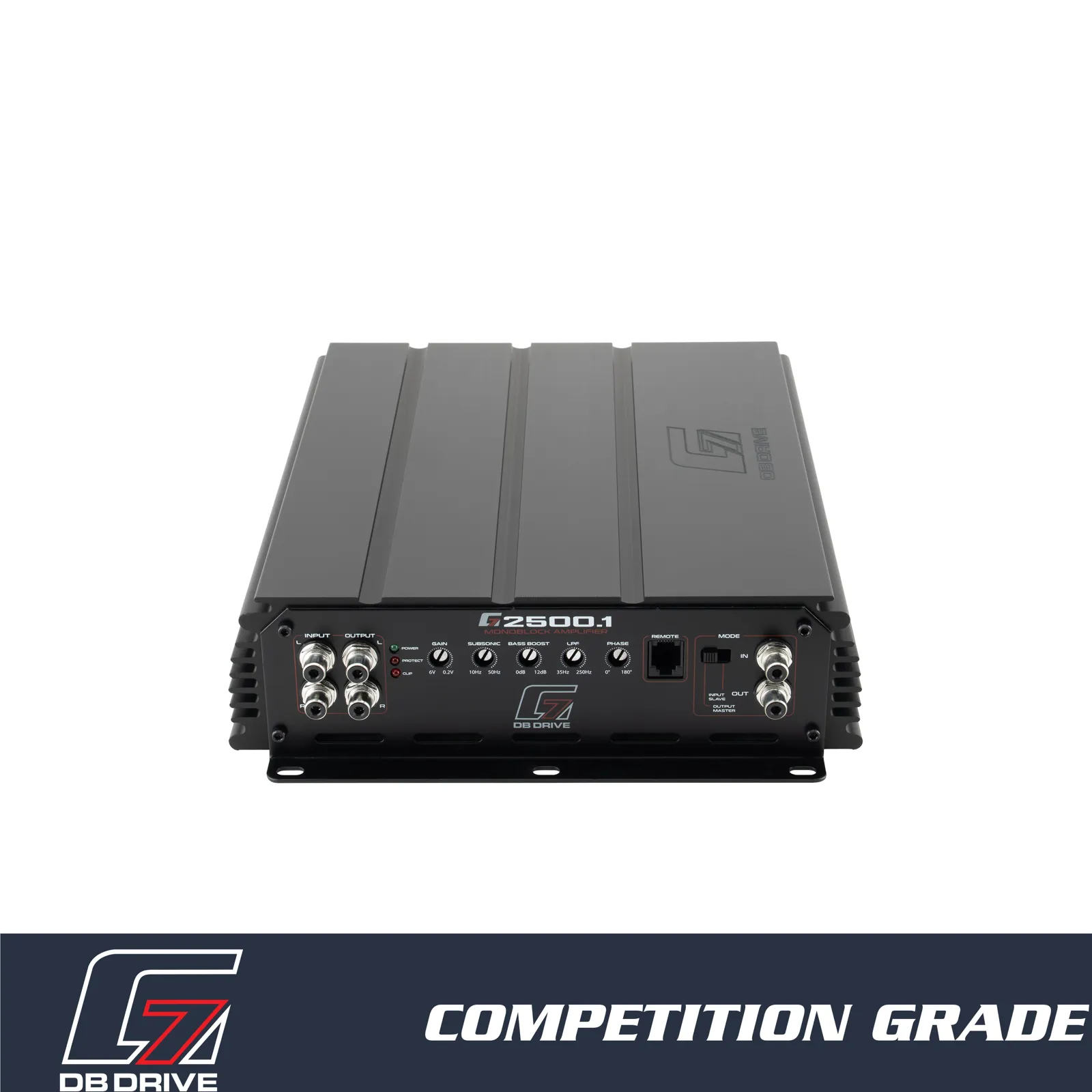 DB Drive G7 2500.1 Class D monoblock amplifier, signal end with RCA inputs and controls