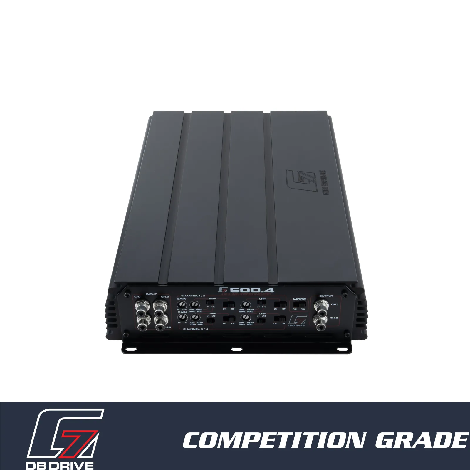DB Drive G7 500.4 four-channel Class D amplifier, signal end with RCA inputs and crossover switches