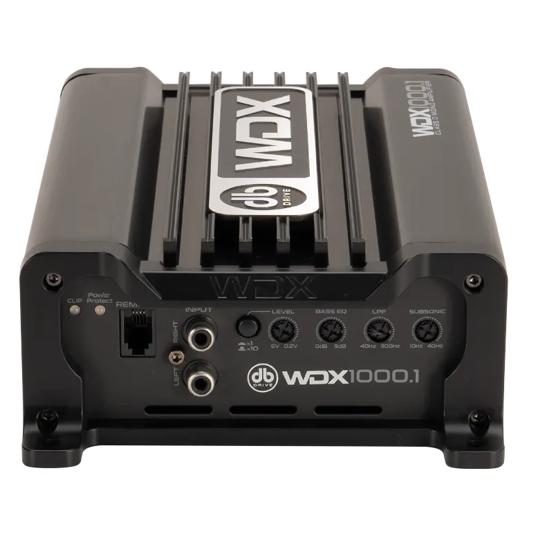 DB Drive WDX1000.1 monoblock amp in Class D, seen from the signal end with RCA inputs and controls