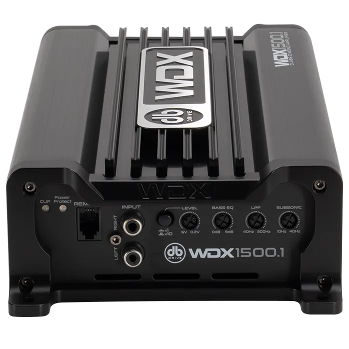DB Drive WDX1500.1 monoblock amp in Class D, seen from the signal end with RCA inputs and controls