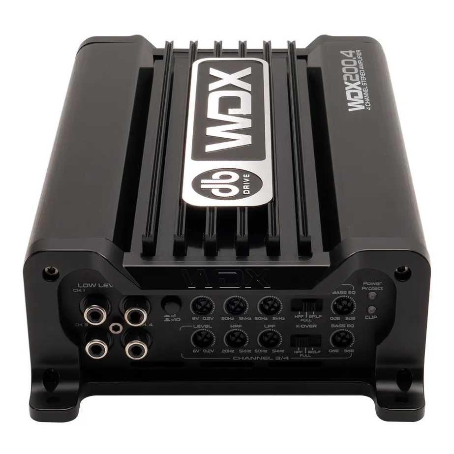 DB Drive WDX200.4 four-channel Class D amplifier seen from the signal end with RCA inputs and controls