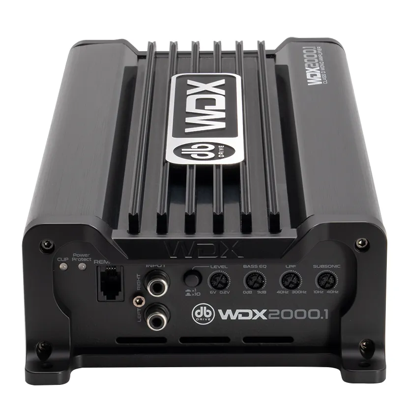 DB Drive WDX2000.1 monoblock amp in Class D, seen from the signal end with RCA inputs and controls