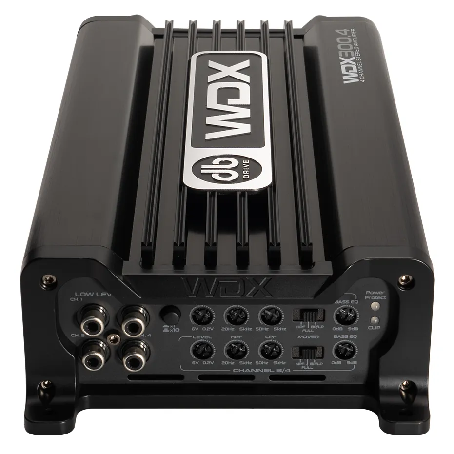 DB Drive WDX300.4 four-channel Class D amplifier seen from the signal end with RCA inputs and controls