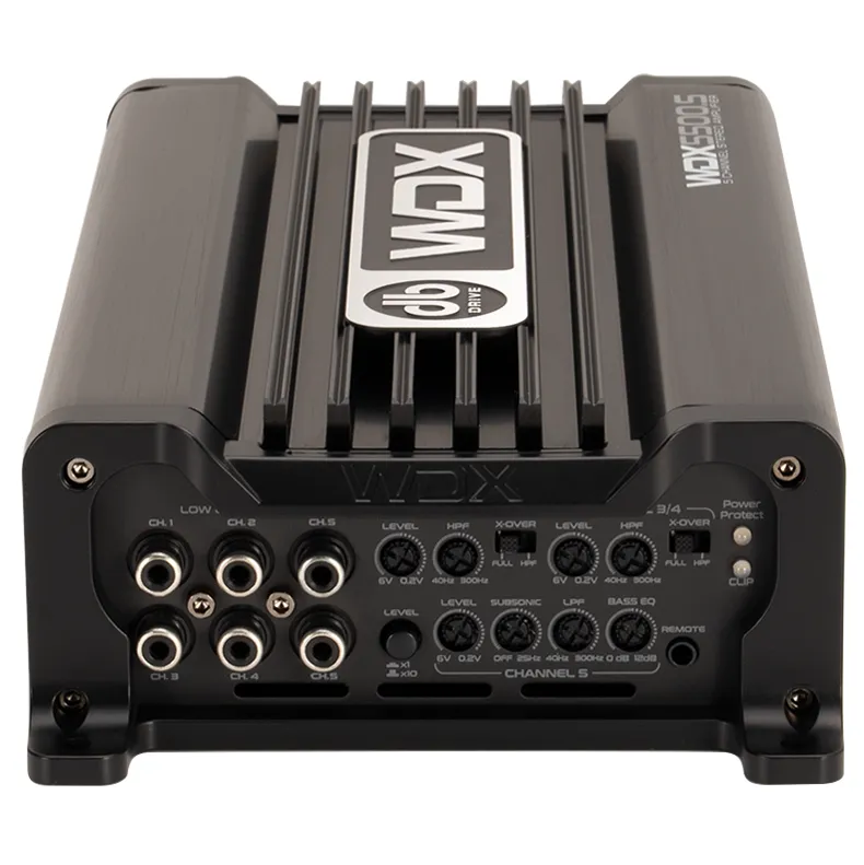 DB Drive WDX5500.5 five-channel Class D amplifier seen from the signal end with RCA inputs and controls
