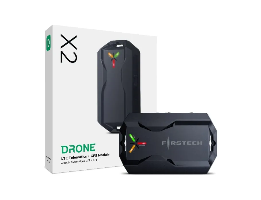 DroneMobile X2 retail box with the X2 LTE and GPS module standing in front of it