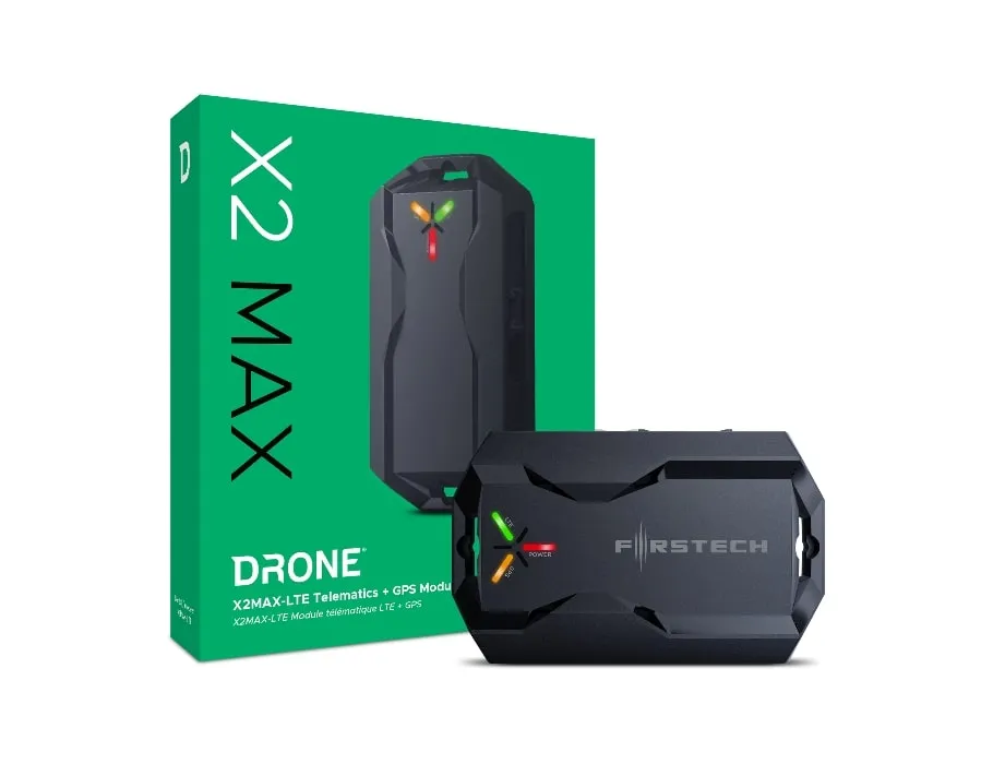 DroneMobile X2 MAX green retail box with the X2 MAX LTE and GPS module in front of it