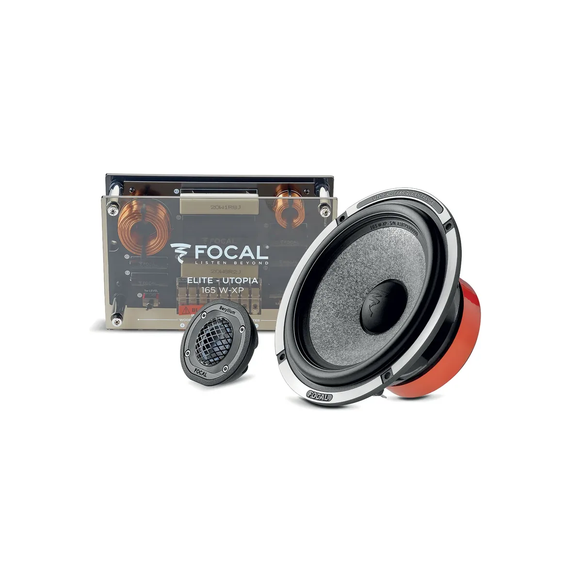 Focal Utopia M 165 W-XP component kit with a 6.5-inch woofer, a beryllium tweeter and a clear-cover crossover, on white