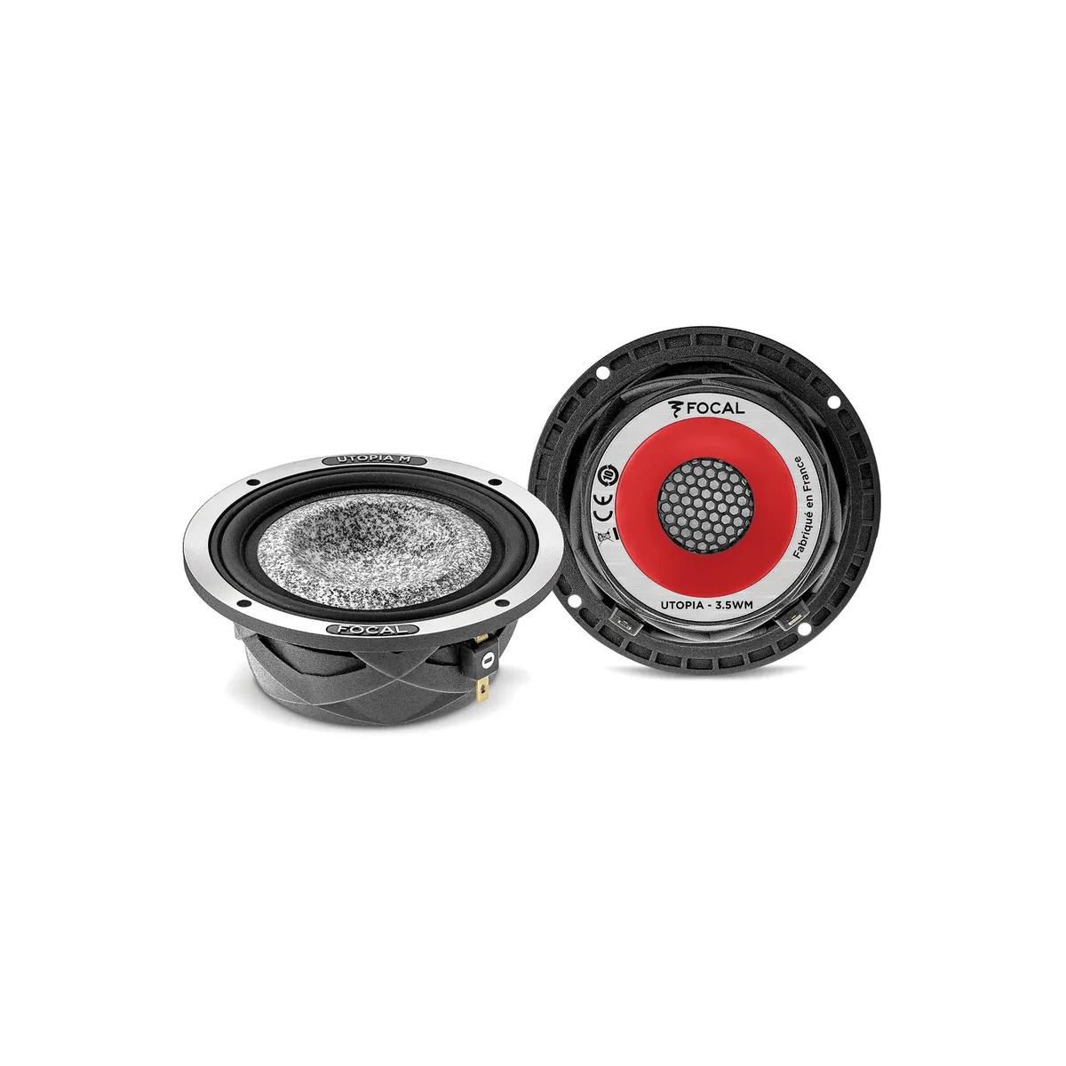 Pair of Focal Utopia M 3.5 WM midrange drivers, one showing the speckled cone and one showing the red and silver back