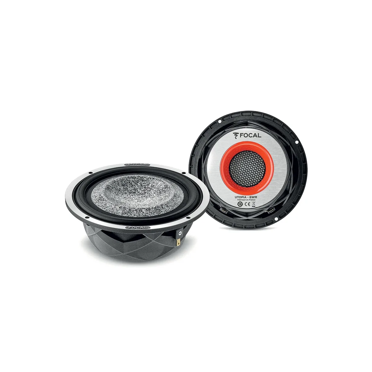 Pair of Focal Utopia M 6 WM 6.5-inch woofers, one showing the speckled cone and one showing the red and silver back