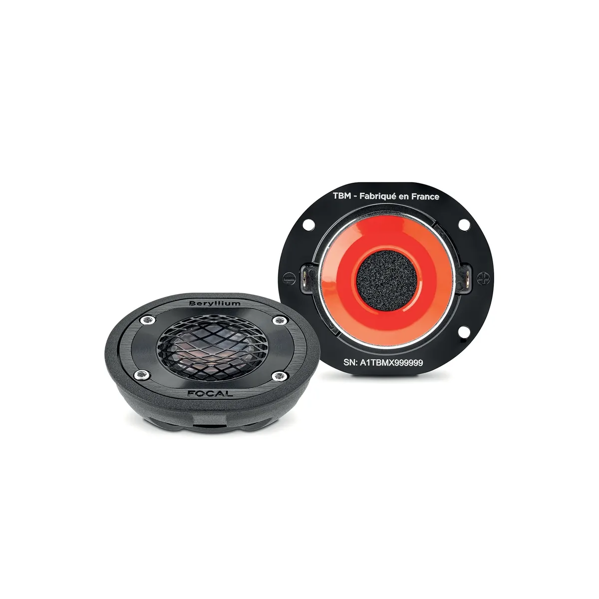 Pair of Focal Utopia M TBM beryllium tweeters, one showing the grille front and one showing the red back