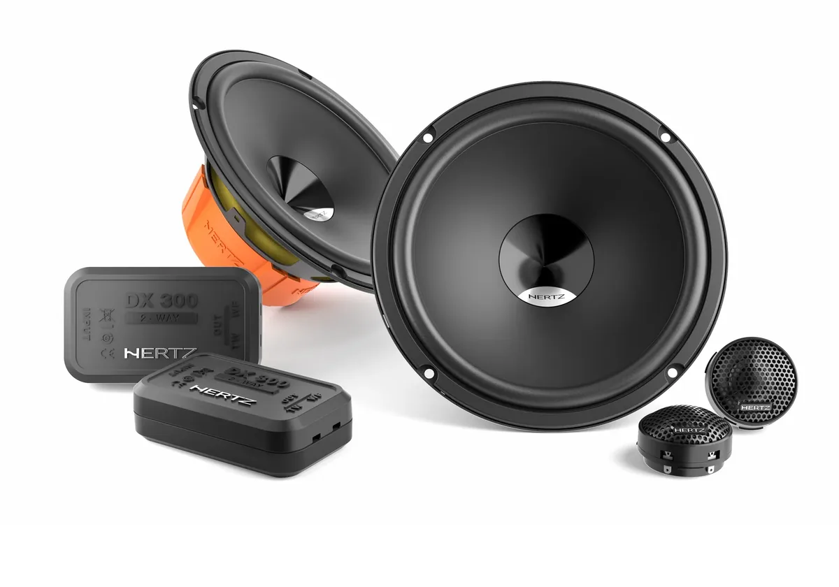 Hertz Dieci DSK 165.3 6.5-inch component set with two woofers, two crossovers and two tweeters on white