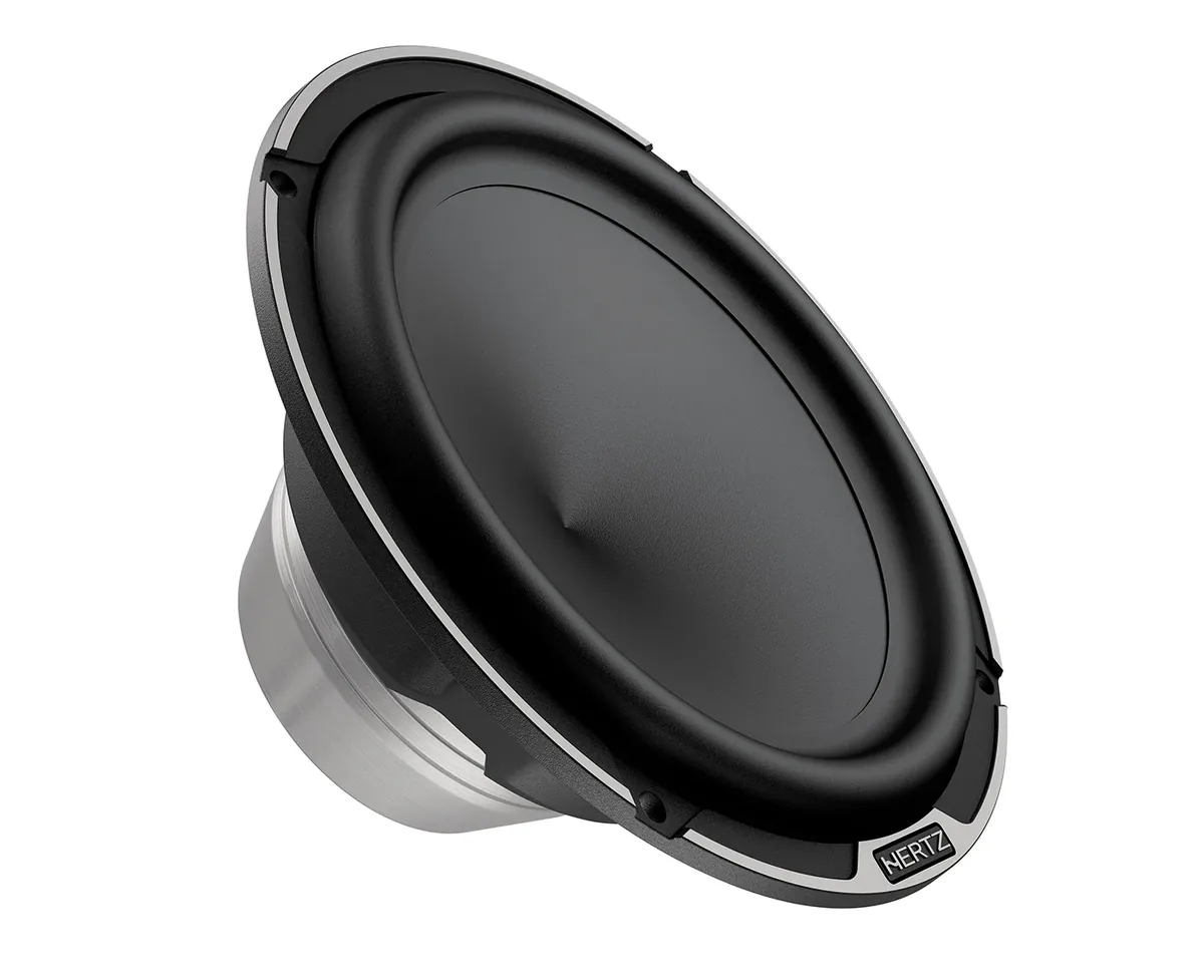 Hertz Mille Legend ML 1650.3 6.5-inch woofer seen from the front at an angle, with its brushed metal motor cup and Hertz badge
