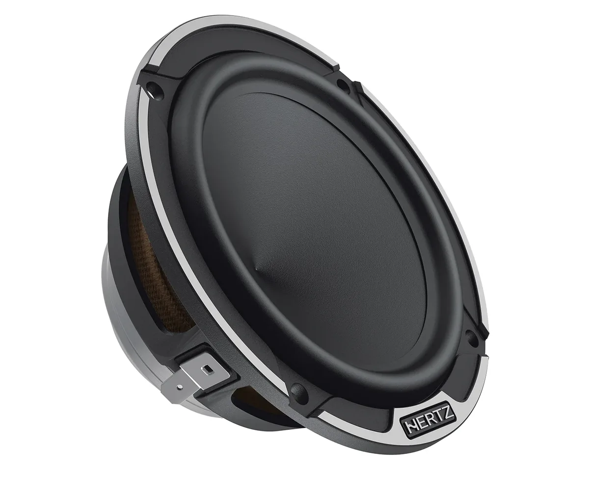 Hertz Mille Legend ML 700.3 3-inch midrange driver seen from the front at an angle, with a metal-ringed frame and Hertz badge