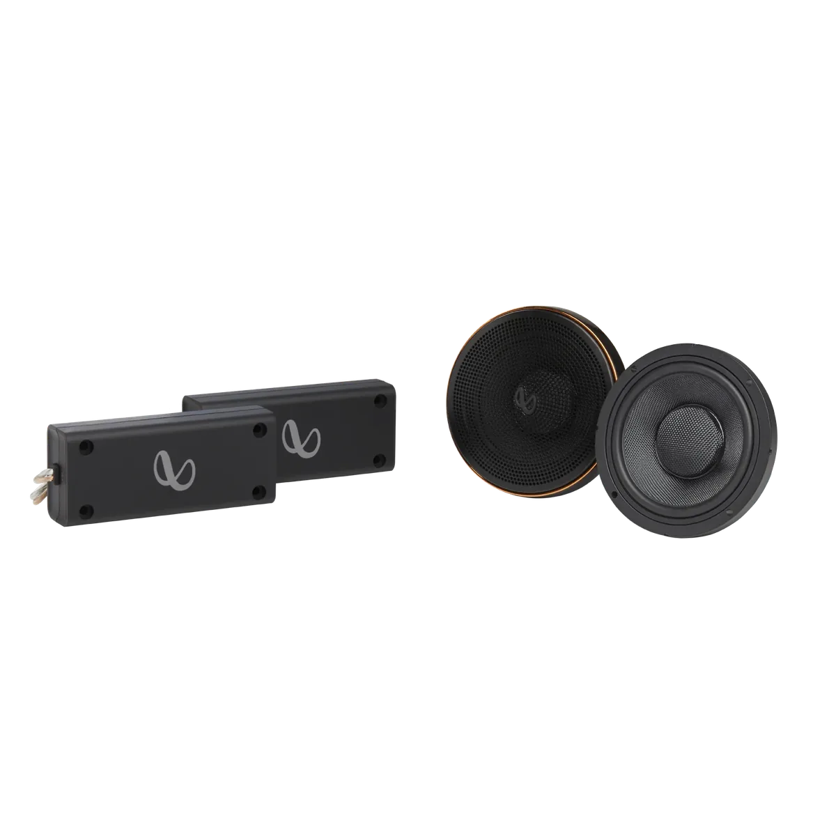 Infinity Kappa 303S midrange pair with two black crossover boxes, one midrange with its grille on and one without