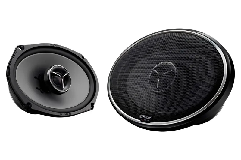 Kenwood eXcelon KFC-X694 6x9 2-way coaxial speaker pair, one with the grille off and one with the grille on