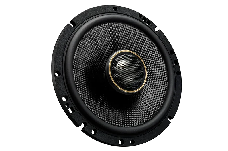 Kenwood eXcelon Reference XR-1701 2-way car speaker with woven fiber cone and gold-ringed dome tweeter, angled front view
