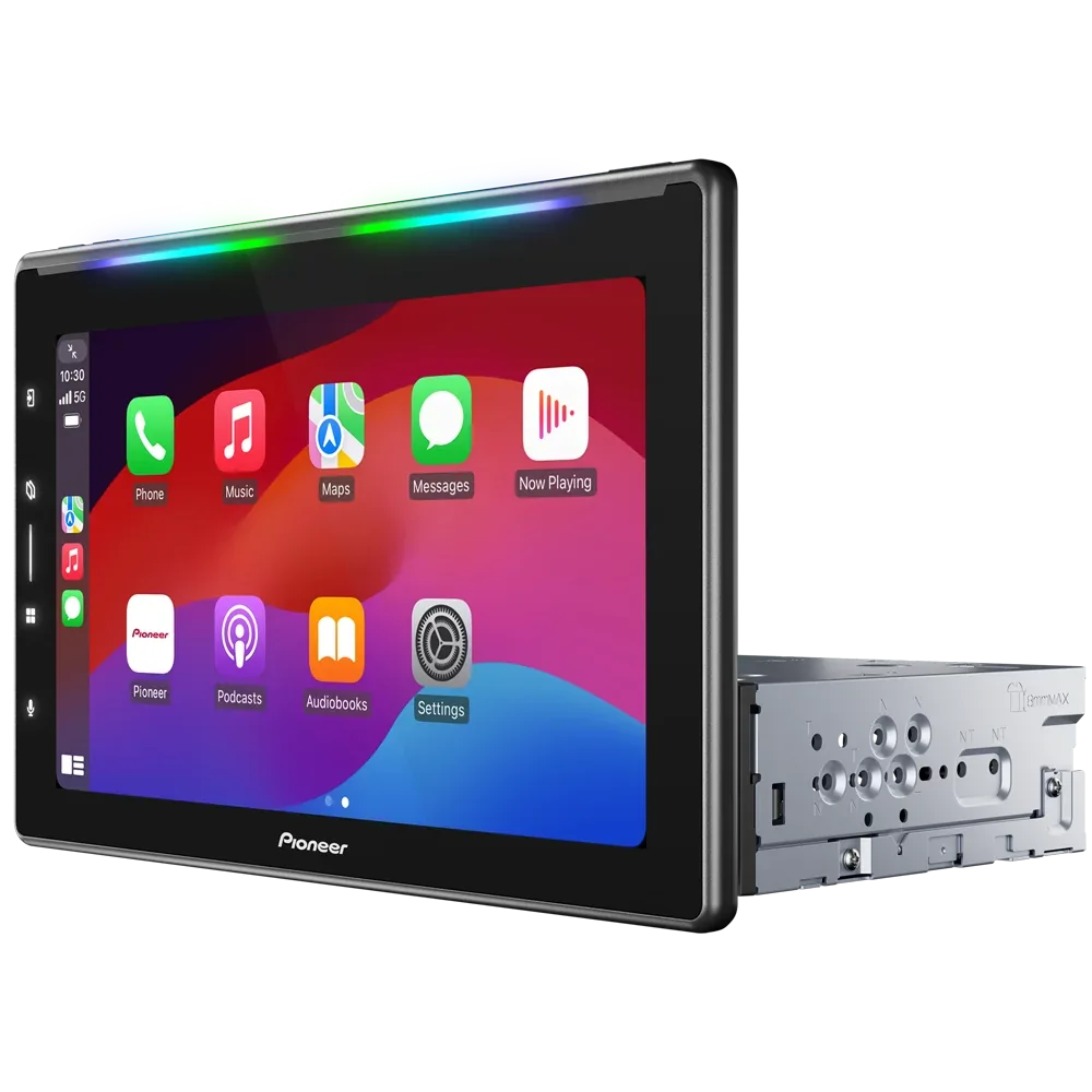 Pioneer DMH-WT6000NEX 10.1-inch floating touchscreen receiver with its Luminous Bar lit, shown on its single-DIN chassis