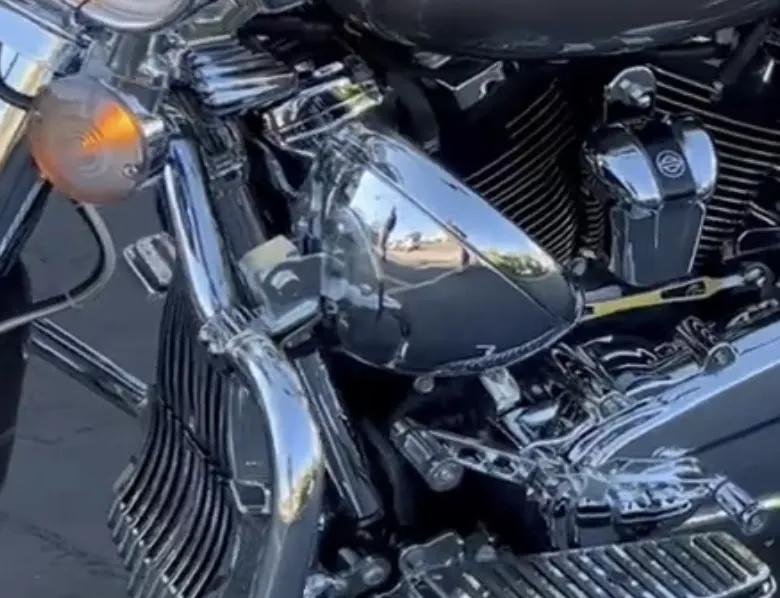 Chrome teardrop air cleaner and Harley-Davidson badge on a bagger engine
