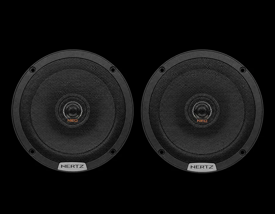 Pair of Hertz Neo 6.5 inch coaxial speakers with grilles
