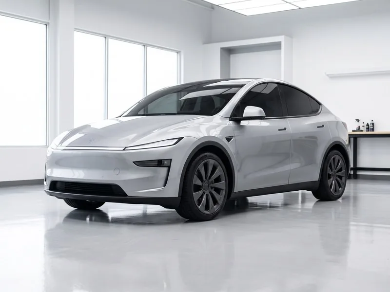 Tesla Model Y plateado en un taller blanco y luminoso