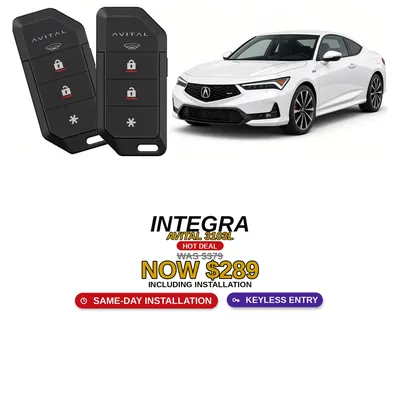 Acura Integra con Avital 3103L: Alarma de 1 vía, Entrada sin llave, Dos controles. Oferta $289 con instalación incluida, antes $379