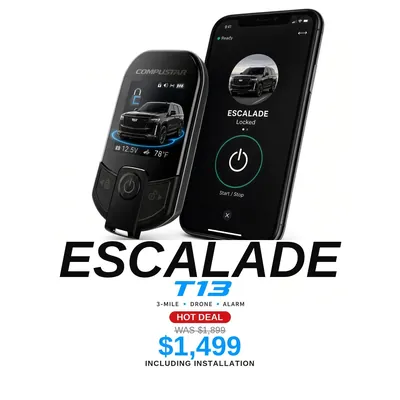 Cadillac Escalade con Compustar T13: Alcance de 3 millas, App DroneMobile, Alarma. Oferta $1,499 con instalación incluida, antes $1,899