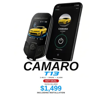 Chevrolet Camaro con Compustar T13: Alcance de 3 millas, App DroneMobile, Alarma. Oferta $1,499 con instalación incluida, antes $1,899