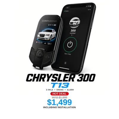 Chrysler 300 con Compustar T13: Alcance de 3 millas, App DroneMobile, Alarma. Oferta $1,499 con instalación incluida, antes $1,899