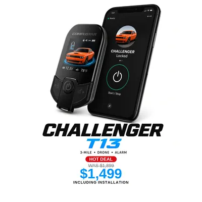 Dodge Challenger con Compustar T13: Alcance de 3 millas, App DroneMobile, Alarma. Oferta $1,499 con instalación incluida, antes $1,899